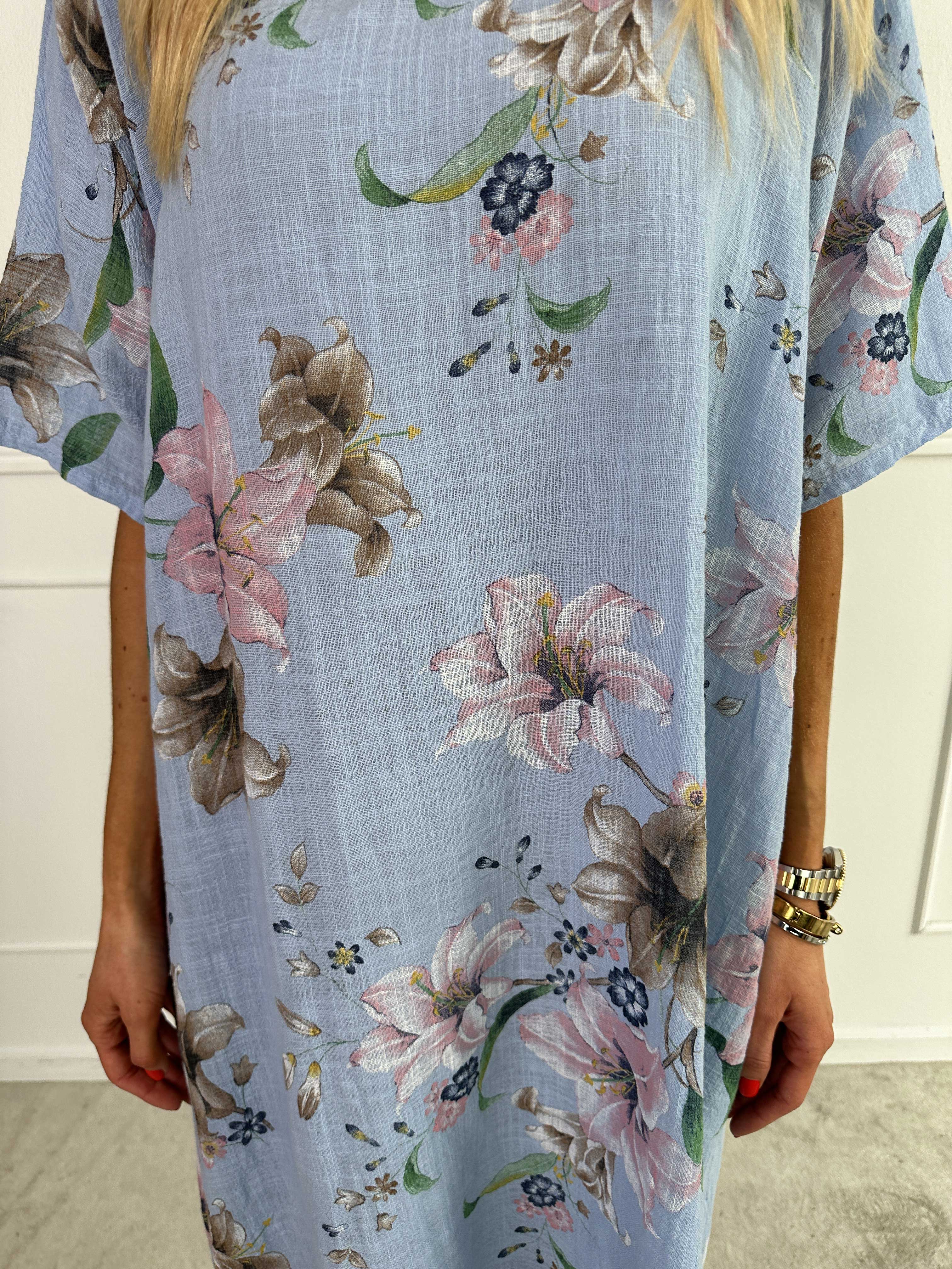 Gry - Bomuldskjole i hørlignende stof med blomsterprint